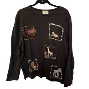 Tantrums Women's Cotton Long Sleeve Top Size Large Black with Animal patches